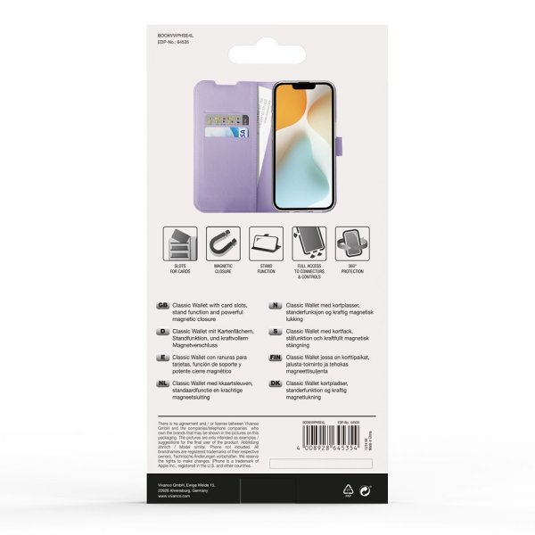 Vivanco iPhone 16e/17e Classic Wallet -kotelo, laventeli