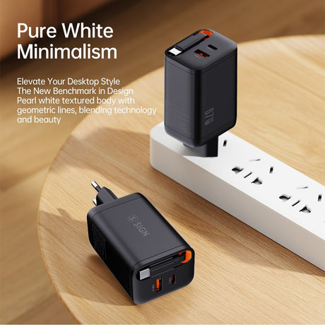 SiGN 65W Snabbladdare GaN med utdragbar USB-C kabel Musta