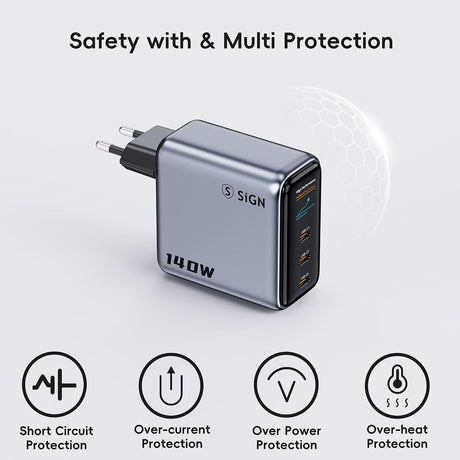 SiGN 140W Pikalataaja näytöllä 3xUSB-C/1xUSB-A Harmaa