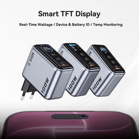 SiGN 100W Pikalataaja näytöllä 2xUSB-C/1xUSB-A Harmaa