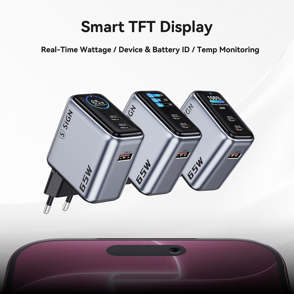SiGN 65W Seinälataaja näytöllä 2xUSB-C/1x USB-A Harmaa