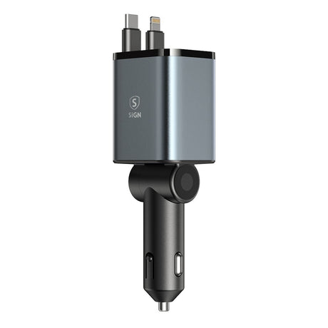 SiGN 4-in-1 autolaturi vedettävillä USB-C/Lightning-kaapeleilla 45W