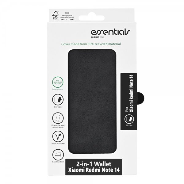 Essentials Xiaomi Redmi Note 14 5G -suojakotelo 2-in-1 vegaaninen nahka musta