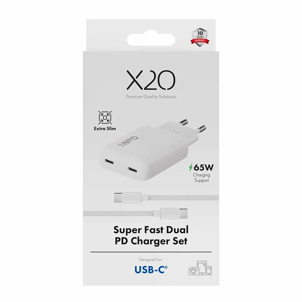 X2O 65 W Dual Slim -kotilaturisarja USB-C/C GaN 1,5 m, valkoinen