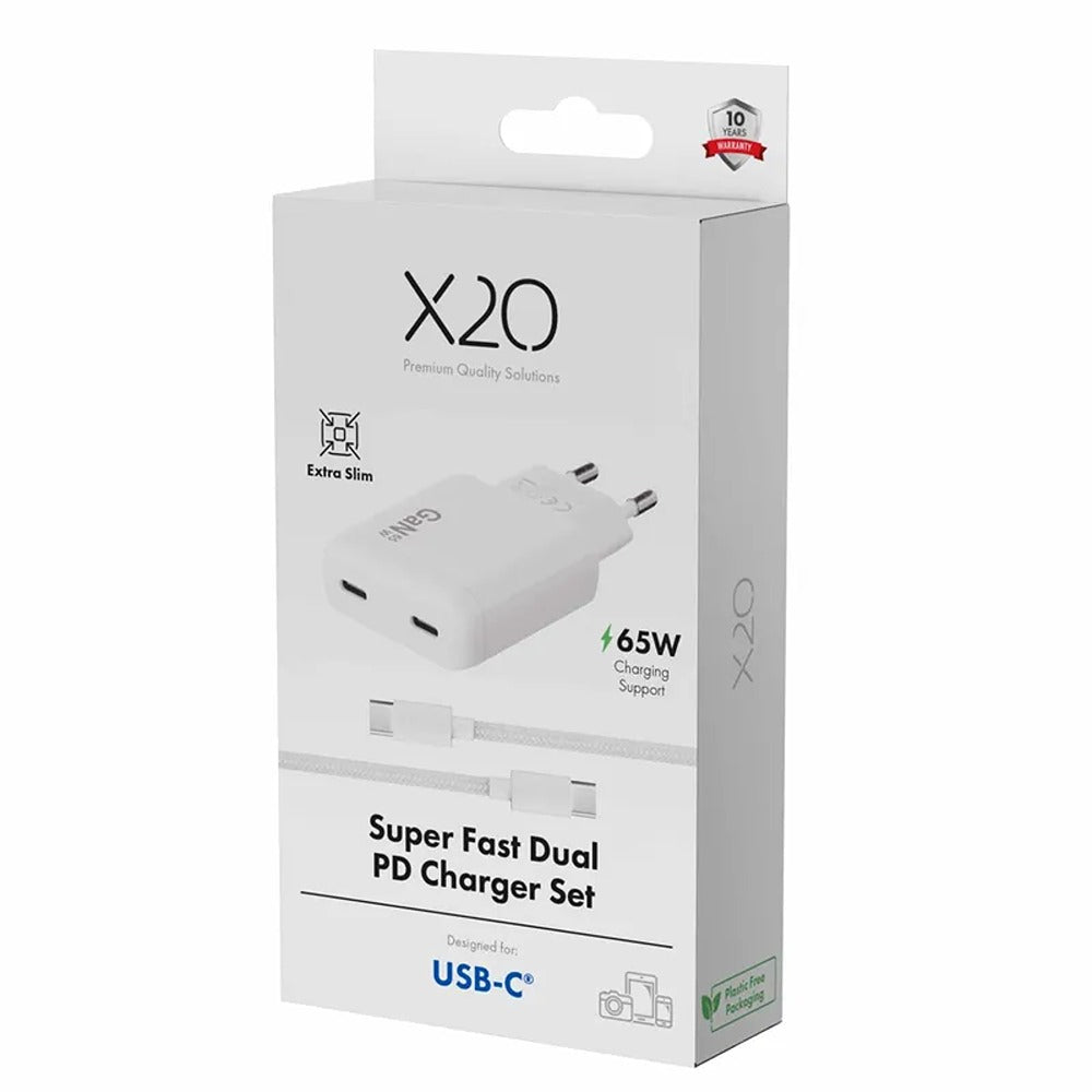 X2O 65 W Dual Slim -kotilaturisarja USB-C/C GaN 1,5 m, valkoinen