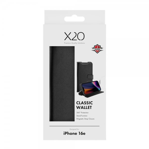 X2O iPhone 16e/17e Kotelo Classic Wallet Musta