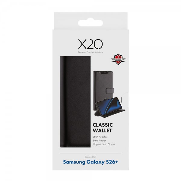 X2O Samsung Galaxy S26 Plus -lompakkokotelo, Classic Wallet, musta