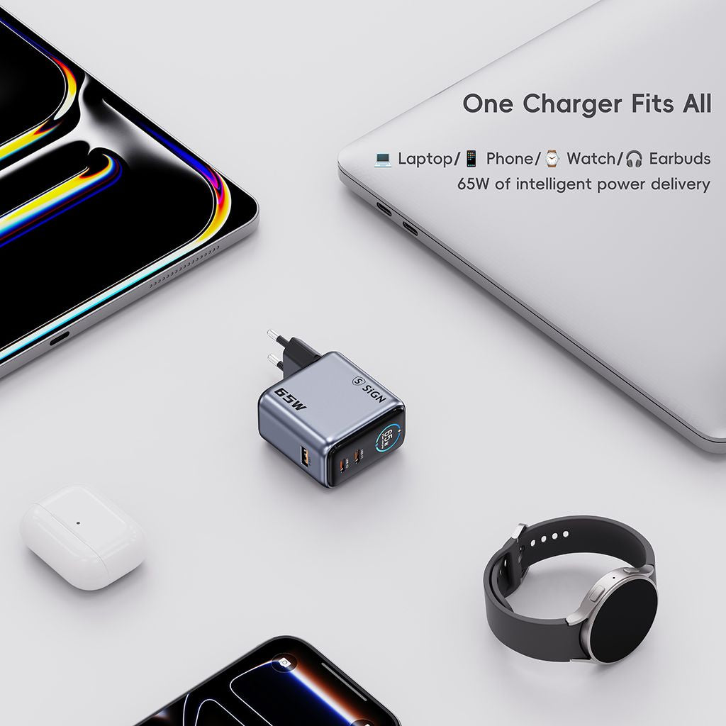 SiGN 65W Seinälataaja näytöllä 2xUSB-C/1x USB-A Harmaa