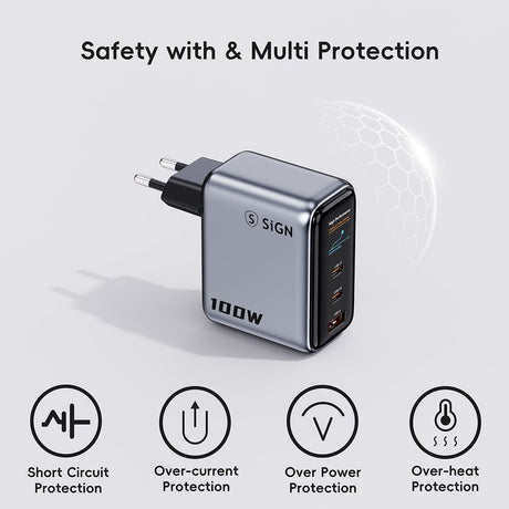 SiGN 100W Pikalataaja näytöllä 2xUSB-C/1xUSB-A Harmaa