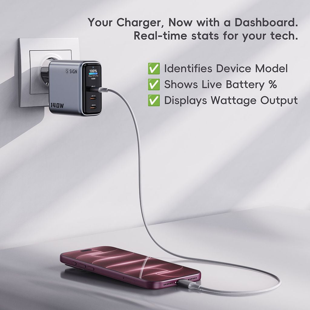 SiGN 140W Pikalataaja näytöllä 3xUSB-C/1xUSB-A Harmaa