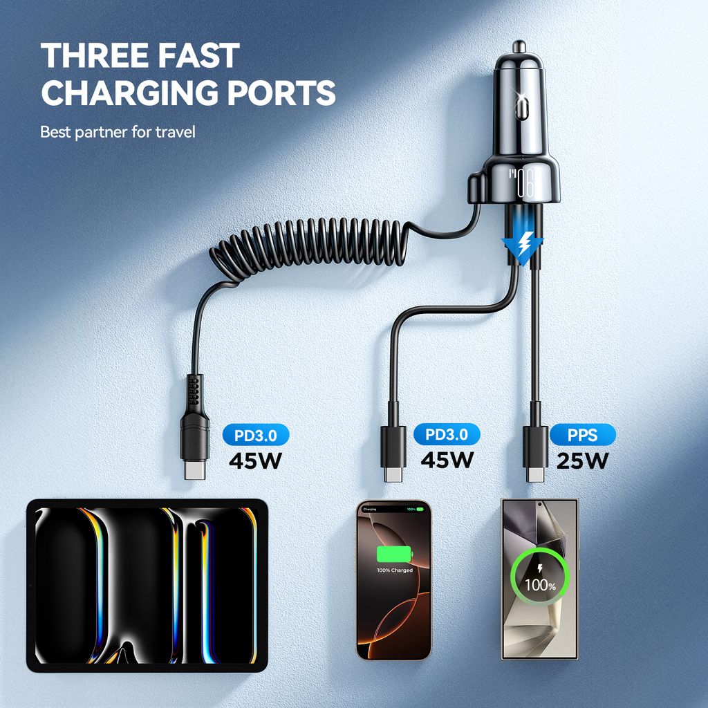SiGN 3-in-1 nopea autolaturi 1,5 m USB-C-kaapelilla 90W