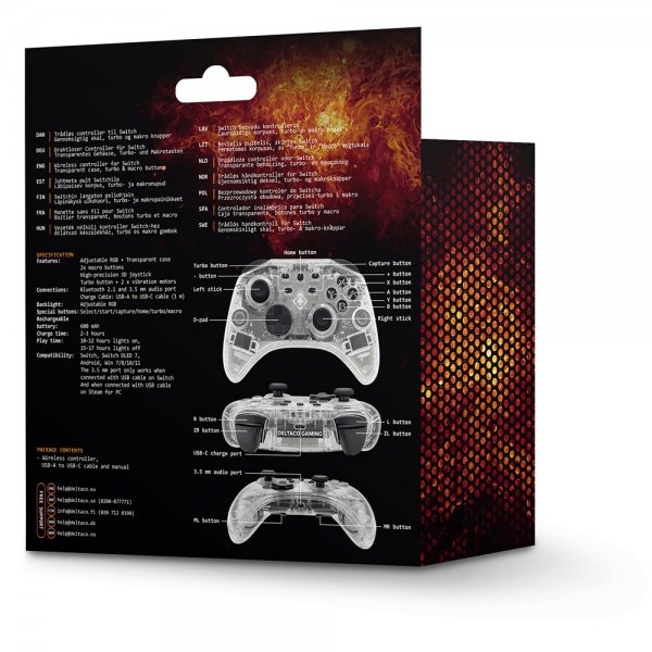 Deltaco Gaming Langaton Ohjain Nintendo Switchille Läpinäkyvä RGB