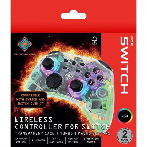 Deltaco Gaming Langaton Ohjain Nintendo Switchille Läpinäkyvä RGB