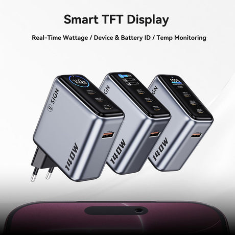 SiGN 140W Pikalataaja näytöllä 3xUSB-C/1xUSB-A Harmaa