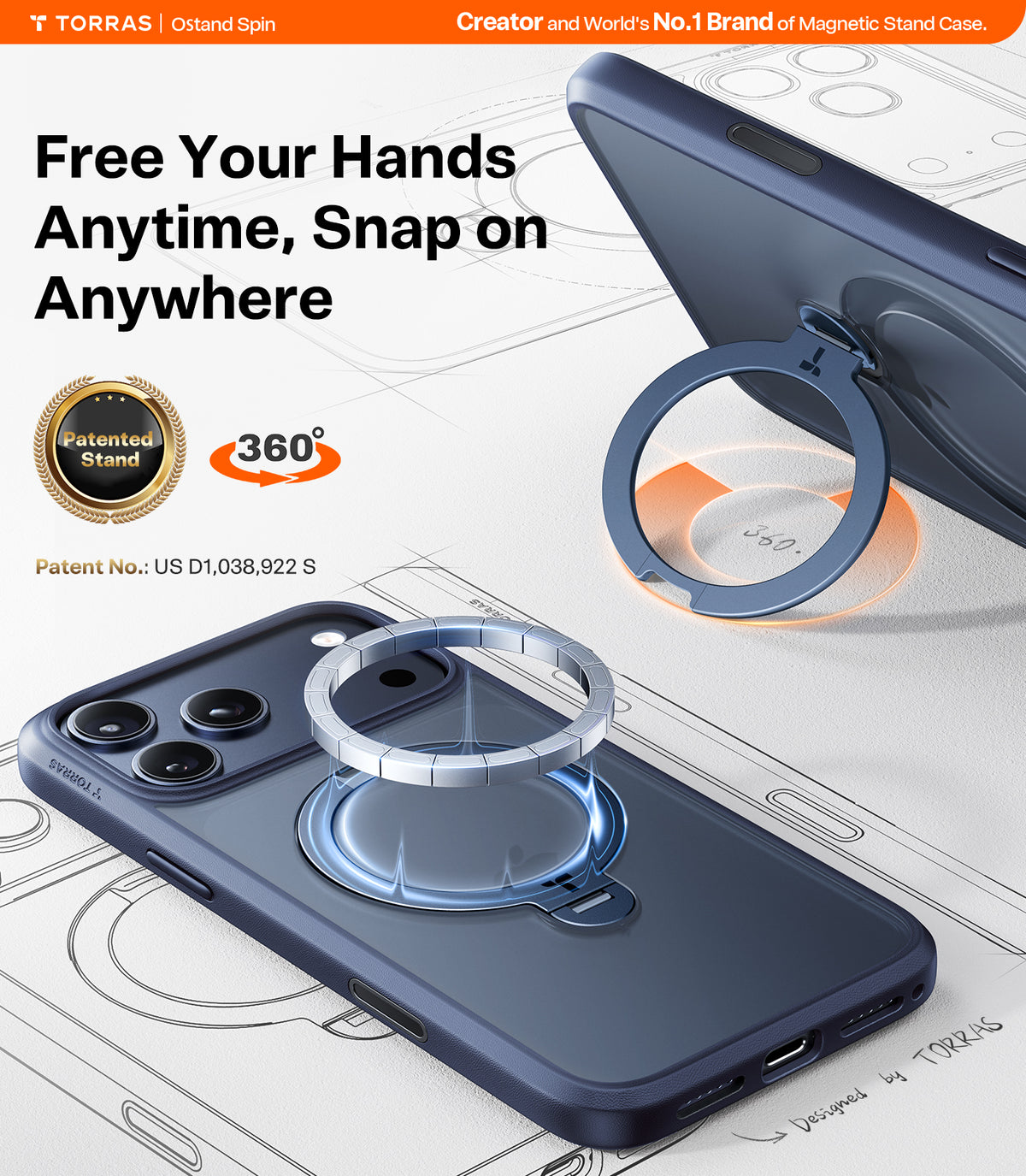 Torras iPhone 17 Pro Max Kuori Ostand Q3 Spin Syvänsininen