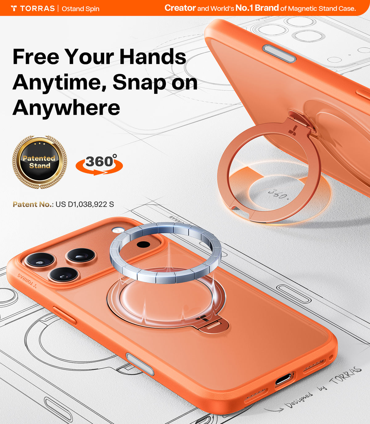 Torras iPhone 17 Pro Max Kuori Ostand Q3 Spin Energy Oranssi