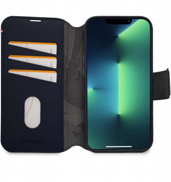 Decoded iPhone 14 Pro -suojakuori, nahkaa, irrotettava lompakko, laivastonsininen