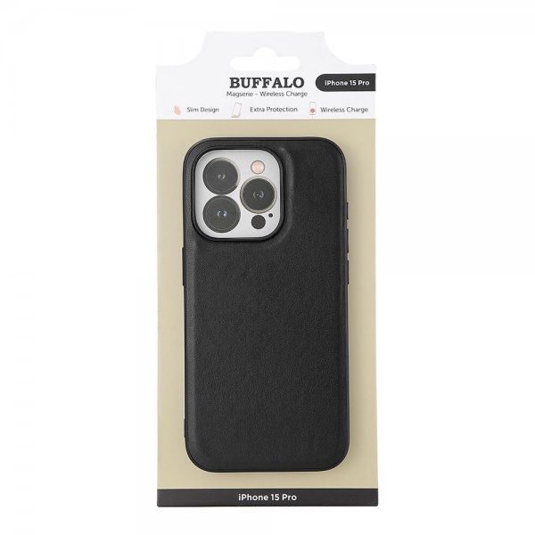 Buffalo iPhone 15 Pro -kuori PU MagSeries, musta