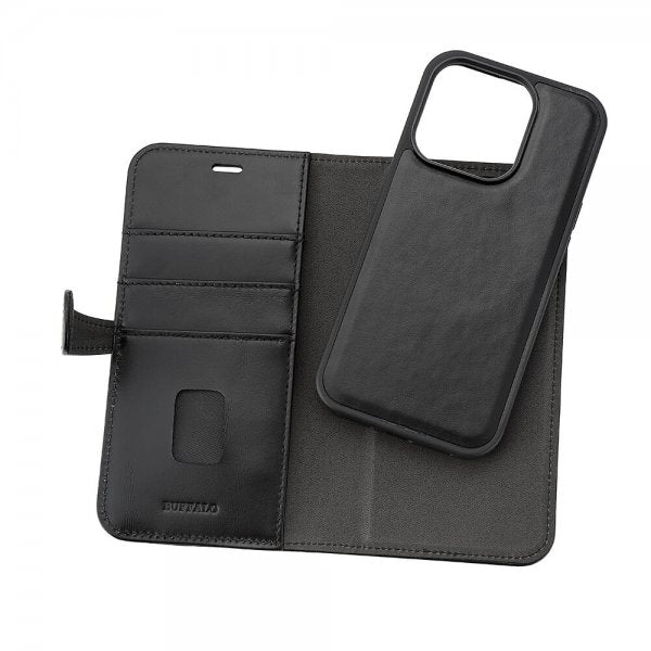 Buffalo iPhone 15 Pro -suojakuori, 3 korttipaikkaa, irrotettava MagSeries-kuori, musta