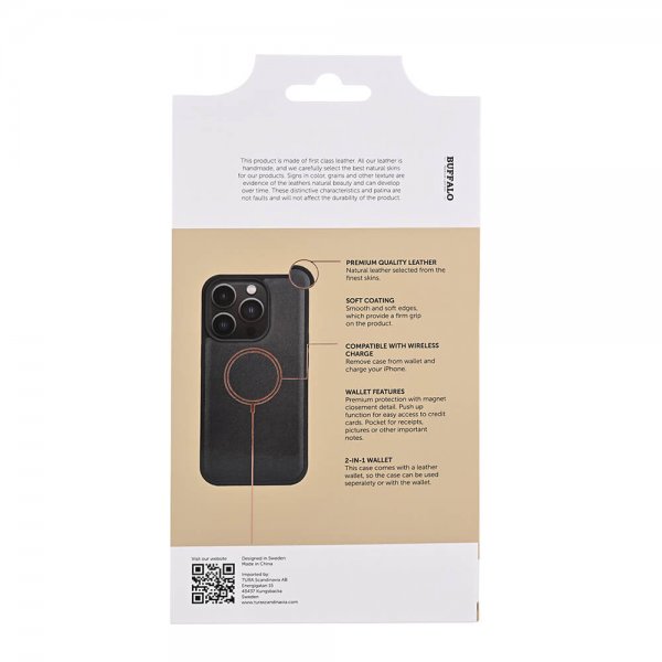 Buffalo iPhone 15 Pro -suojakuori, 3 korttipaikkaa, irrotettava MagSeries-kuori, musta