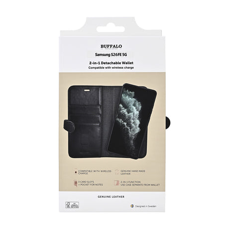 Buffalo Samsung Galaxy S26 FE Kotelo 2-in-1 Aito Nahka 3 Korttitasku Musta
