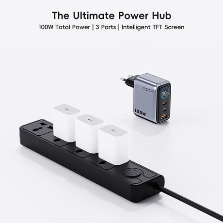 SiGN 100W Pikalataaja näytöllä 2xUSB-C/1xUSB-A Harmaa