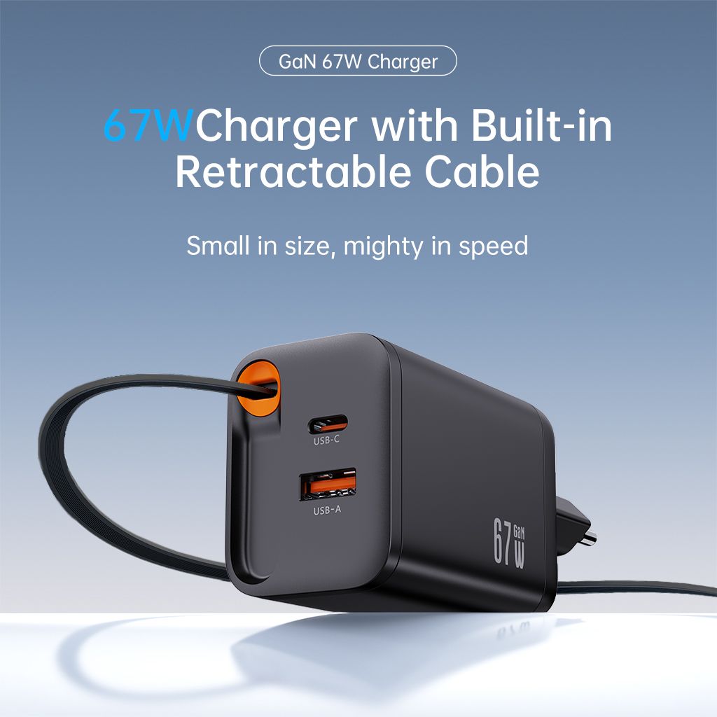 SiGN 65W Snabbladdare GaN med utdragbar USB-C kabel Musta