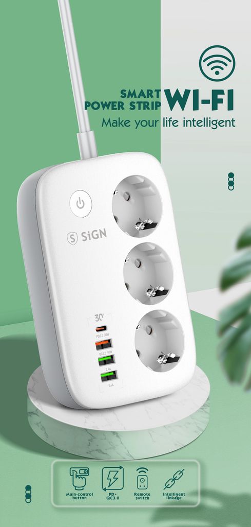 SiGN Smart WiFi 3-tie Jatkorasitimet 30W USB-A/USB-C 1,5m