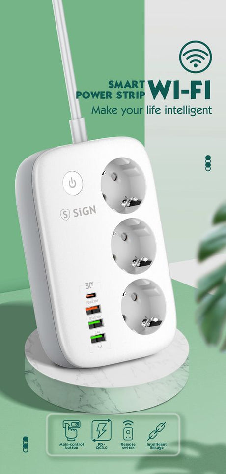 SiGN Smart WiFi 3-tie Jatkorasitimet 30W USB-A/USB-C 1,5m