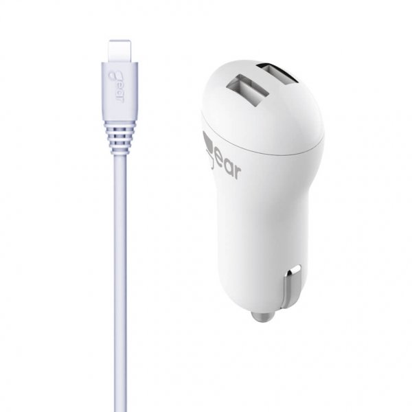 Gear Autolaturi 2xUSB 2.4A Micro-USB-kaapeli 1m Valkoinen
