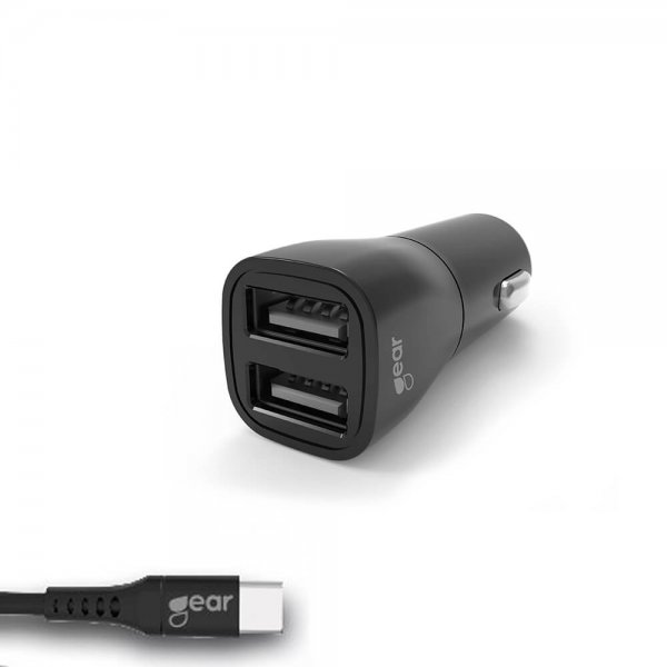Gear Autolaturi 2xUSB 3.4A USB-C-kaapeli 1m Musta