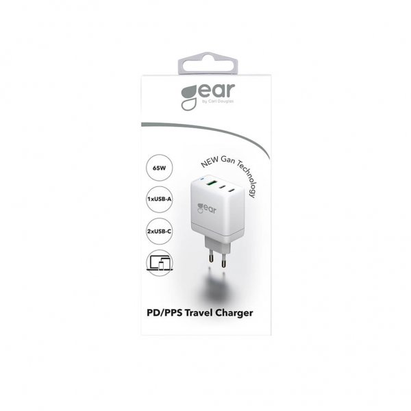 Gear Laturi GAN 2xUSB-C + 1xUSB-A PD/PPS 65W Valkoinen
