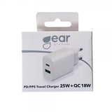 Gear-laturi 1xUSB-C + 1xUSB-A PD/PPS 25W + 18W QC, valkoinen