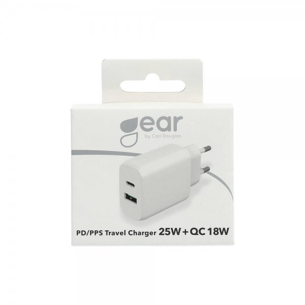 Gear-laturi 1xUSB-C + 1xUSB-A PD/PPS 25W + 18W QC, valkoinen