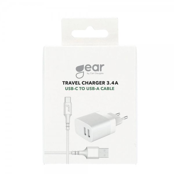 Gear Laturi 2xUSB 3.4A Valkoinen USB-C-kaapeli 1m