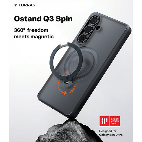 Torras Samsung Galaxy S26 Plus Kuori Ostand Q3 Spin Obsidianmusta