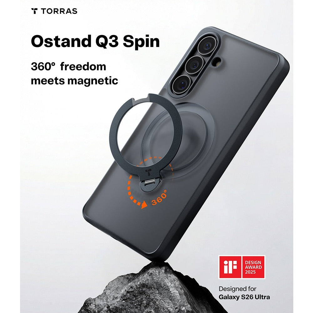 Torras Samsung Galaxy S26 Kuori Ostand Q3 Spin Obsidianmusta