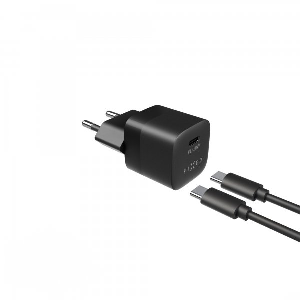 Fixed Laddare med Kabel Mini PD Travel Charger Kit USB-C/USB-C 20W Musta