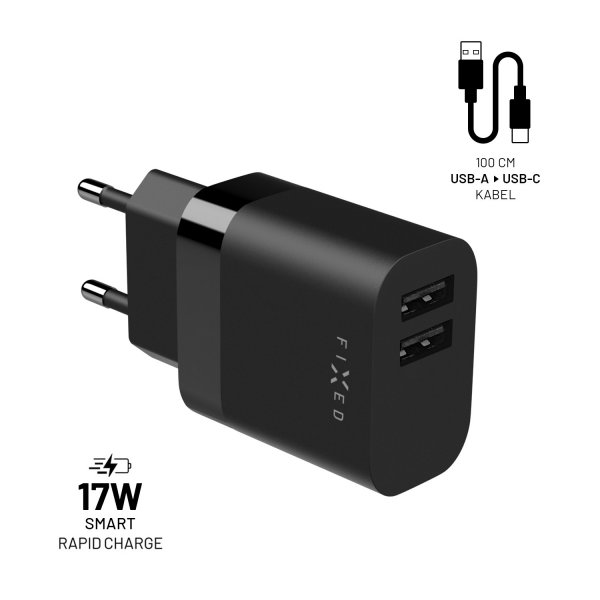 Fixed-laturi USB-C-kaapelilla 1 m 2xUSB-A 17W musta