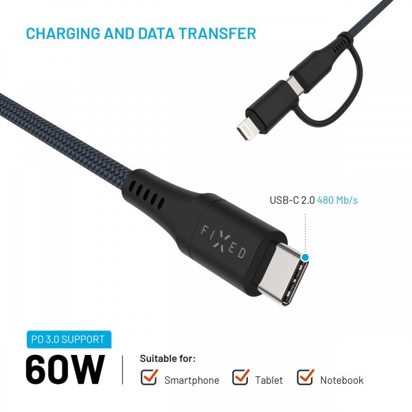Fixed Kaapeli 2in1 USB-C/Lightning 60W 3m Musta