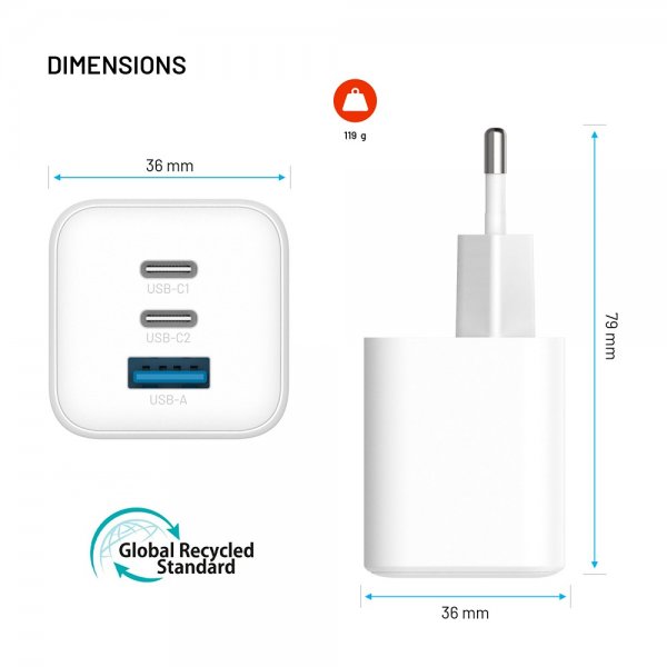 Fixed Laturi Mini PD 65W GaN USB-A & USB-C