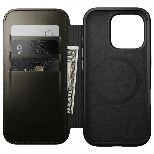 Nomad iPhone 16 Pro -suojakuori Modern Leather Folio Horween Green Chrome