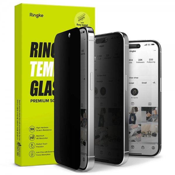 Ringke iPhone 15 Pro -näytönsuoja, Privacy Tempered Glass, asennuskehys