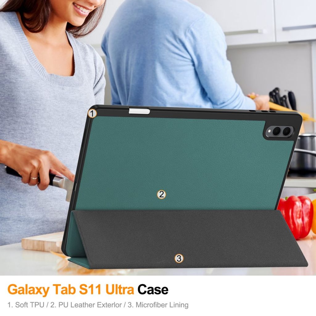 Samsung Galaxy Tab S11 Ultra/S12 Ultra Kotelo Tri-Fold Kynäloukero Vihreä