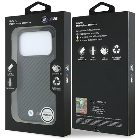 BMW iPhone 18 Pro Kuori M Carbon Metal Logo Musta
