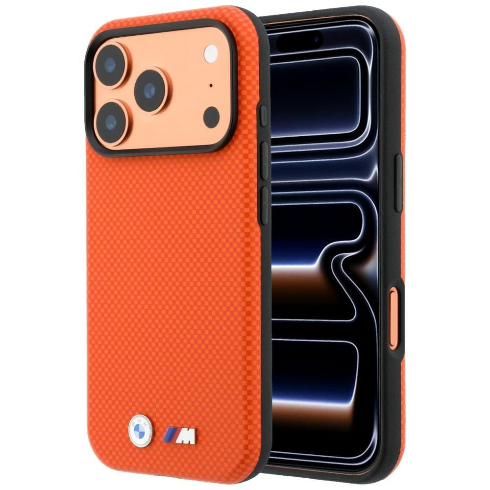 BMW iPhone 17 Pro Max/iPhone 18 Pro Max Kuori M Ruudullinen Kevlar-metallilogo Oranssi