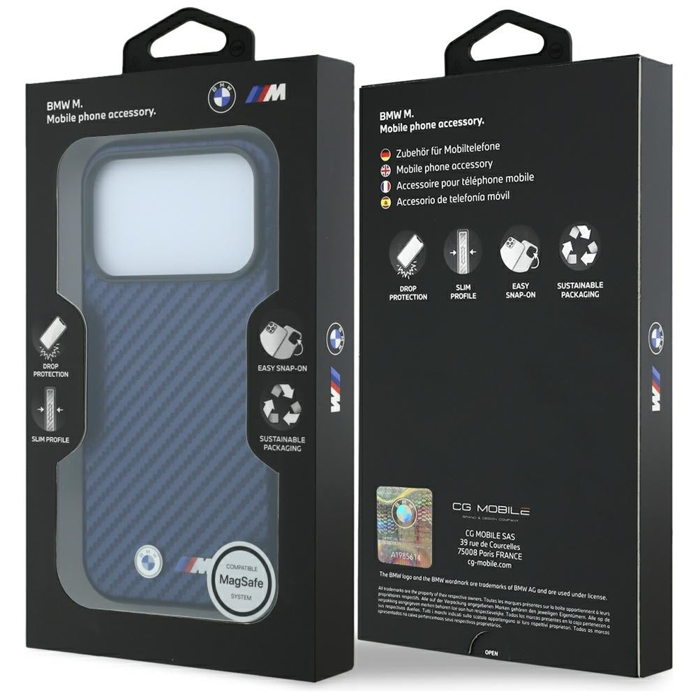BMW iPhone 17 Pro/iPhone 18 Pro Kuori M Carbon Metal Logo laivastonsininen