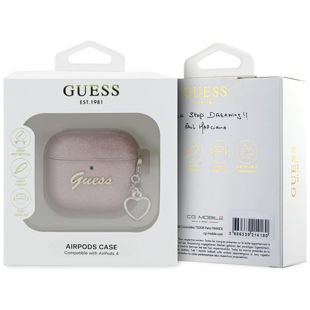 Guess AirPods 4 Kuori Metallic Script Charm Vaaleanpunainen