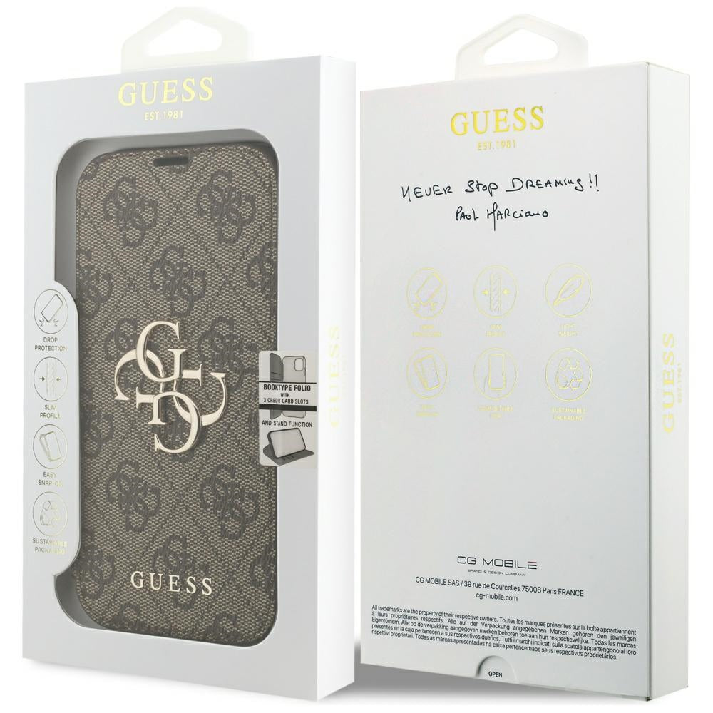 Guess iPhone 17 Pro/iPhone 18 Pro Kotelo Book 4G Metal Logo Ruskea