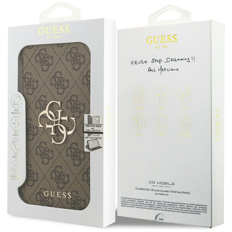Guess iPhone 17 Pro Max/iPhone 18 Pro Max Kotelo Book 4G Metal Logo Ruskea